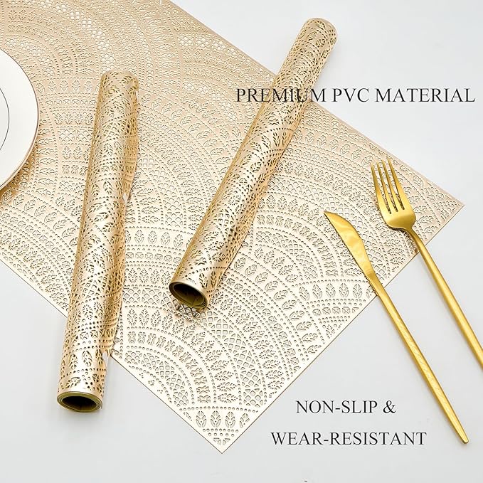 Gold Rectangle Placemats Set of 6, Vinyl Place Mats Hollow-Out Curved Pattern Waterproof Oil-Proof Wipeable Table Mats for Kitchen and Dining Centerpiece Table Decorations