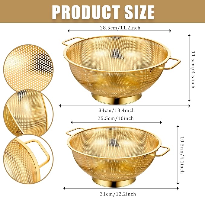 Strainers and Colanders Set, 2 PCS Stainless Steel Colander and 3 PCS Fine Mesh Strainer Gold Metal Pasta Rice Colanders & Food Strainers with Handles for Kitchen, Dishwasher Safe (5 Quart+4 Quart)