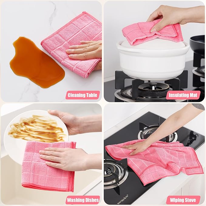 Homaxy Microfiber Kitchen Towels and Dishcloths Set, 20 Pack Soft and Absorbent Dish Hand Towels Bulk, 28 x 16 Inch & 12 x 12 Inch Quick Drying Rags for Washing Dishes, Pink
