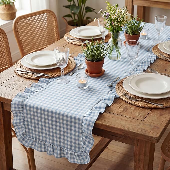 HunnmingRe 1 Pcs Blue Plaid Gingham Ruffle Table Runner 118 x 13.8'' Farmhouse Easter Table Runner 100% Cotton Scalloped Long Dresser Scarves for Dining Room, Wedding, Kitchen Rustic Home Decor