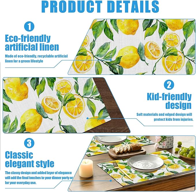 Vintage Lemon Placemats Set of 6, Washable Linen Place Mat Heat Resistant Non Slip Kitchen Dining Table Mats 12x18 Inch