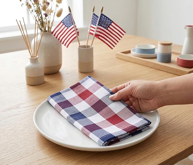 PurpleEssences 4th of July Buffalo Plaid Cloth Napkins - Mitered Corners - Summer - Gingham Check Dinner Napkin - Set of 12-100% Cotton - 18x18 Inch - Reusable Washable - Red White Blue