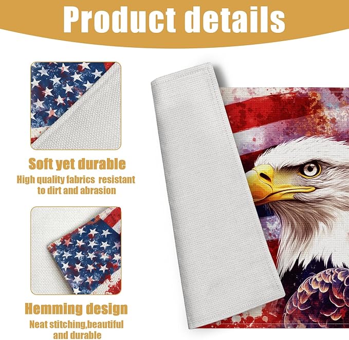 Eagle USA Flag Placemats Set of 6, Linen Place Mat Washable Stain Resistant Table Mats for Farmhouse Kitchen Dining Holiday Party Wedding Decor 12x18 Inch