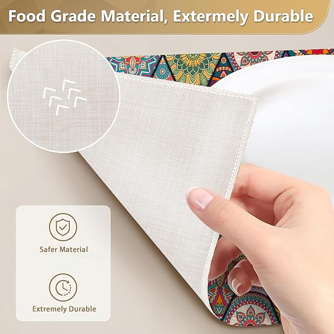 Set of 6 Washable Colorful Bohemian Placemats Non-Slip Heat-Resistant 12x18 Inch Thick DecorativeLinen Table Mats for Dining Table Home Décor