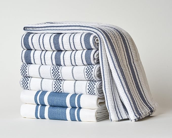 Kitchen Towels Set – Pack of 6 (20’’ x 30’’) Extra Large Premium Cotton Dish Towels for Kitchen – Absorbent – 100% Cotton – with Hanging Loop – Blue Grey Multi Design Striped