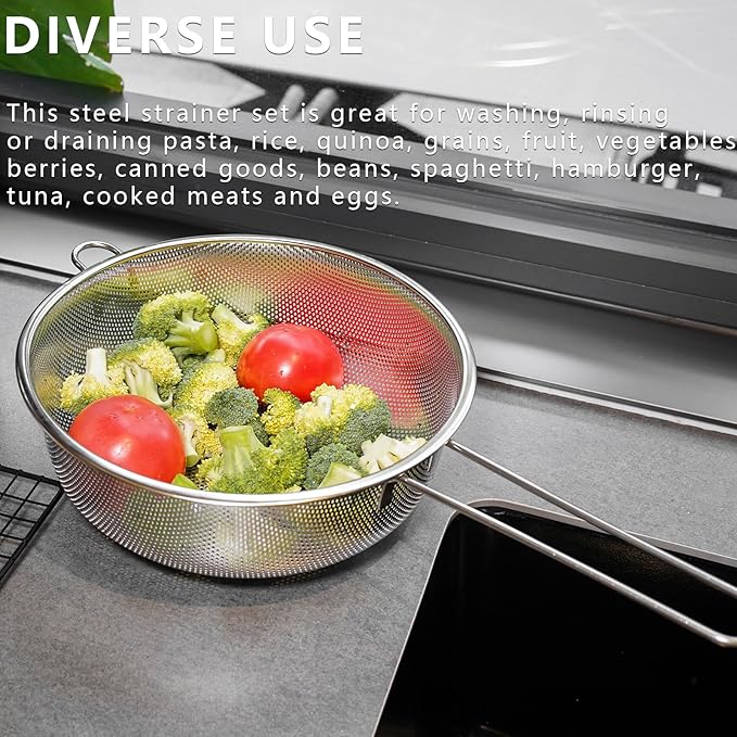 Metal Fine Mesh Strainer and Colander for Kitchen with Handle, Stainless Steel Pasta Strainer/Kitchen Funnel/Collander/Sifter for Strain/Wash Vegetables, Fruits, Spaghetti, Rice (7.8＂)