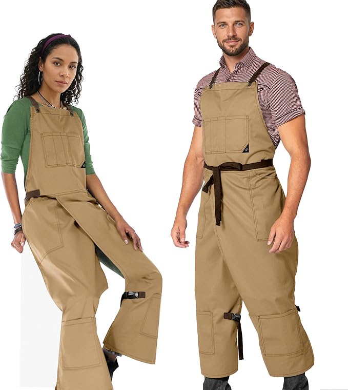 Under NY Sky Pottery Beige Apron - Full Cover Cross-Back, Professional Twill, Leather Reinforcement, Overlapping Split-Leg - Adjustable for Men, Women - Pottery Artist, Ceramics