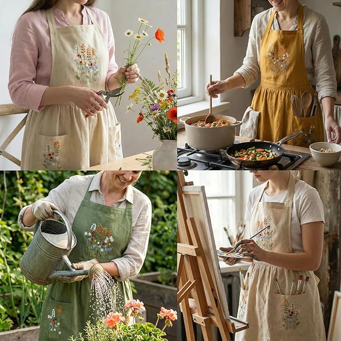 Linen Apron with Hand Embroidered Floral Design, Natural Fabric Apron for Kitchen, Linen Apron with Pockets, Cooking, Baking, Gardening, Florist, Chefs, Artists