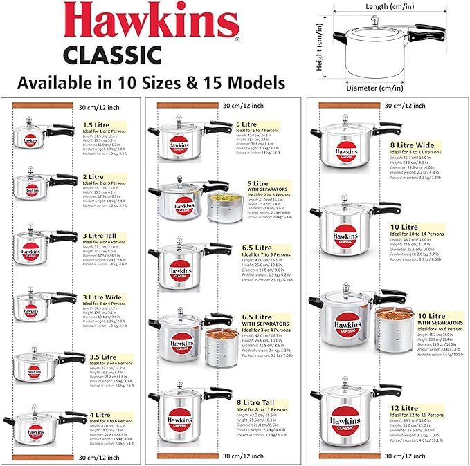 Hawkins Classic 8 Litre Aluminium Inner Lid Pressure Cooker, Wide Design Pan Cooker, Big Cooker, Silver (CL8W)
