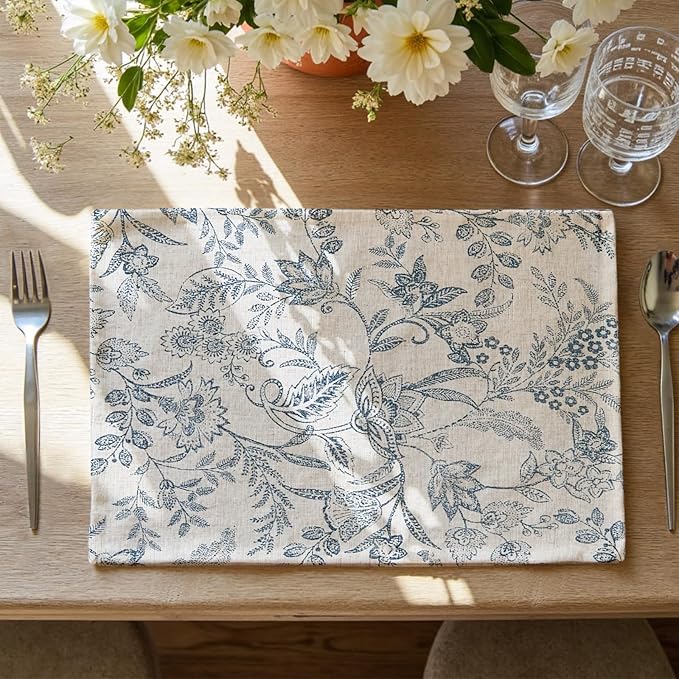 JINCHAN Linen Floral Placemats Set of 4 Cloth Table Mats Rustic Cottagecore Botanical Outdoor Seasonal for Kitchen Dining Table Decor Non-Slip Washable Tablemats 13x19 Inch Blue