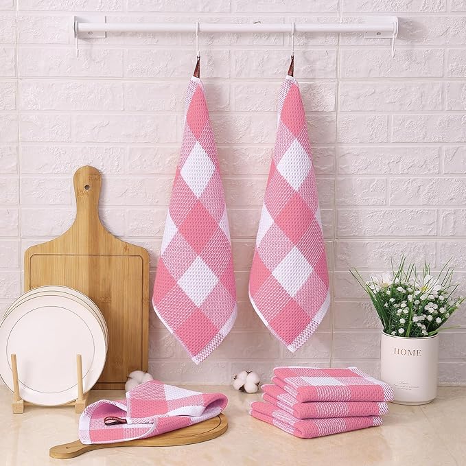 Mordimy 100% Cotton Waffle Weave Plaid Dish Cloths, 12 x 12 Inches, Super Soft and Absorbent Quick Drying Buffalo Check Dish Rags for Kitchen, 6-Pack, Pink