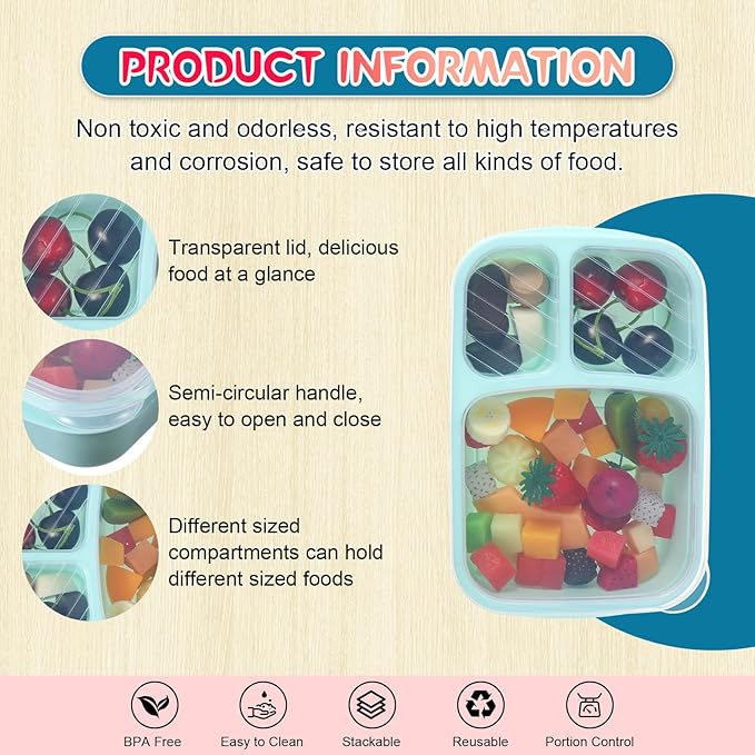 Honeydak 5 Pack Snack Containers 3 Compartment Bento Snack Boxes Divided Meal Prep Containers with Lids Reusable Adults Lunch Food Storage Box for School Work Travel (Red Blue Green)