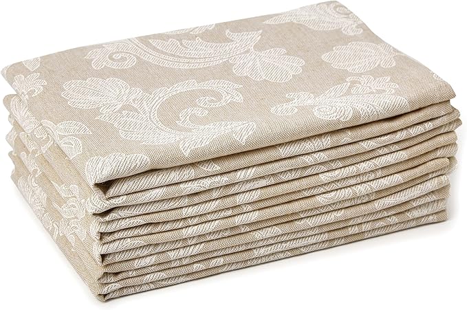 Encasa XO Beige Cloth Napkins Set of 6, 18x18 in | Floral Jacquard Homespun Cotton Dinner Napkins | Washable & Reusable Wedding Napkins for Holiday Dining, Parties, & Everyday Table Décor