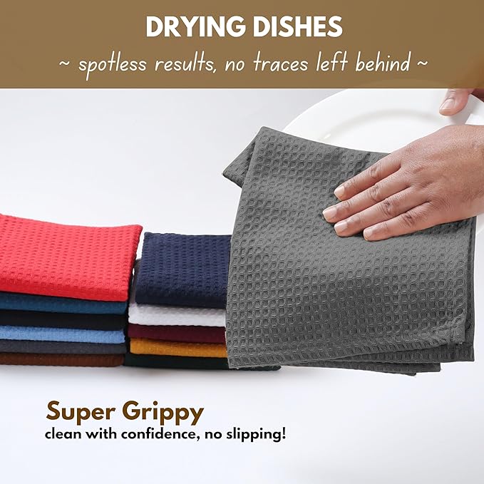 Native Fab Cotton Kitchen Towel with Hanging Loop 16x26 inches, 12-Pack, Waffle Weave Kitchen Towels for Cleaning Drying, Washcloths Soft & Absorbent Cloth Rags, Bar Towel, Dish Cloth, Grey