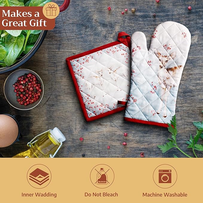 Maison d' Hermine Oven Gloves 100% Cotton Oven Mitt 7" x 13" with Loop Heat Resistant BBQ Cooking Gloves for Thanksgiving Christmas Decorations Baking Handling Hot Pans (Pack of 1, Fairy Tale Forest)