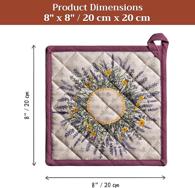Maison d' Hermine Pot Holders 100% Cotton Heat Resistant Potholders 8" x 8" Hot Pads with Loop BBQ Cooking Baking Gifts for Mothers Day Handling Hot Pans Spring/Summer (Pack of 2, Fanny Lavender)