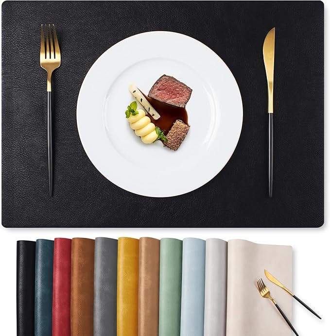 MOSAYT Vinyl Placemats Set of 8-12 X 17 Inch - Faux Leather 100% Waterproof Oil-Proof Wipeable PU Place Mats, Heat Resistant Reversible Table Mats for Kitchen, Dining, Outdoor (Black)