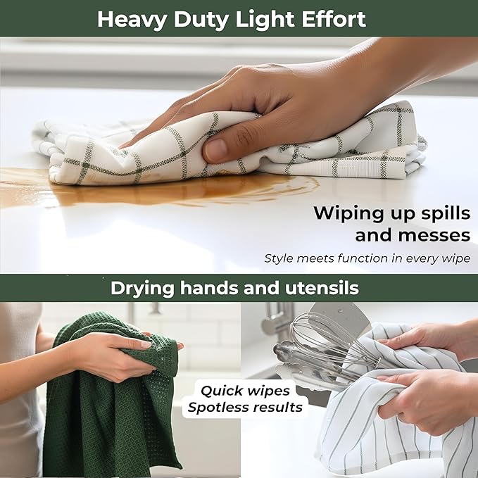 Cotton Dish Towels For Kitchen Drying - Highly Absorbent Wide Sage Green Striped Plaid Tea Towels - 18"X28" Set Of 6 Farmhouse Linen Dishtowels In Bulk - Pano De Prato Para Cozinha - T Towles Towls