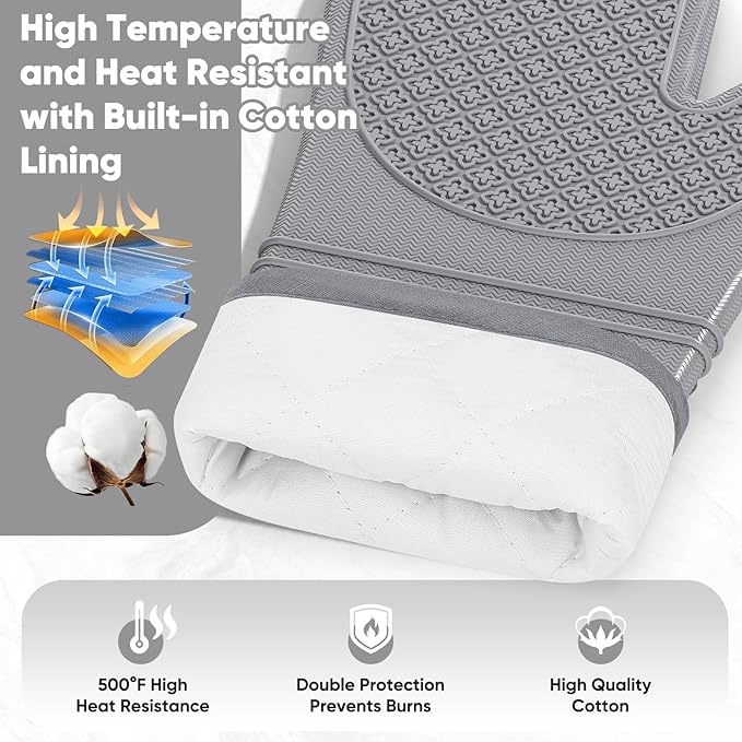 Silicone Oven Mitts, Heat Resistant Oven Gloves with Quilted Liner, Waterproof & Non-Slip Kitchen Mittens for Baking Cooking BBQ, 500°F, 12.5"-Light Gray