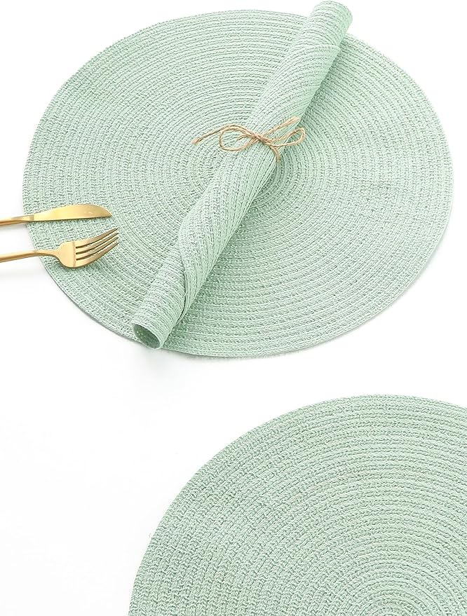 Floroom 15 Inch Round Braided Placemats Set of 4, Washable Heat Resistant Cotton Polyester Circle Place Mats for Kitchen Dining Table - Sage Green