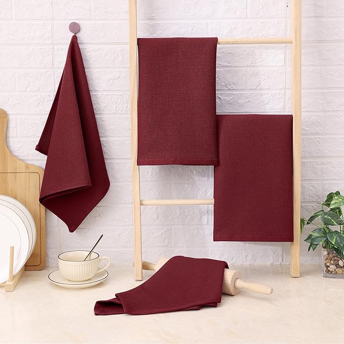 Homaxy 100% Cotton Waffle Weave Kitchen Towels - 4 Pack Soft and Absorbent Dish Towels - 16 x 26 Inches Quick Dry Hand Towels - Burgundy