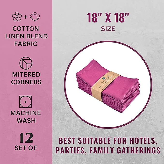 Fingercraft Dinner Cloth Napkins, Cotton Linen Blend Fabric 12 Pack Easter Special, Premium Quality, Mitered Corners for Every Day Use Napkins are Pre Shrunk and Good Absorbency Magenta Easter Color