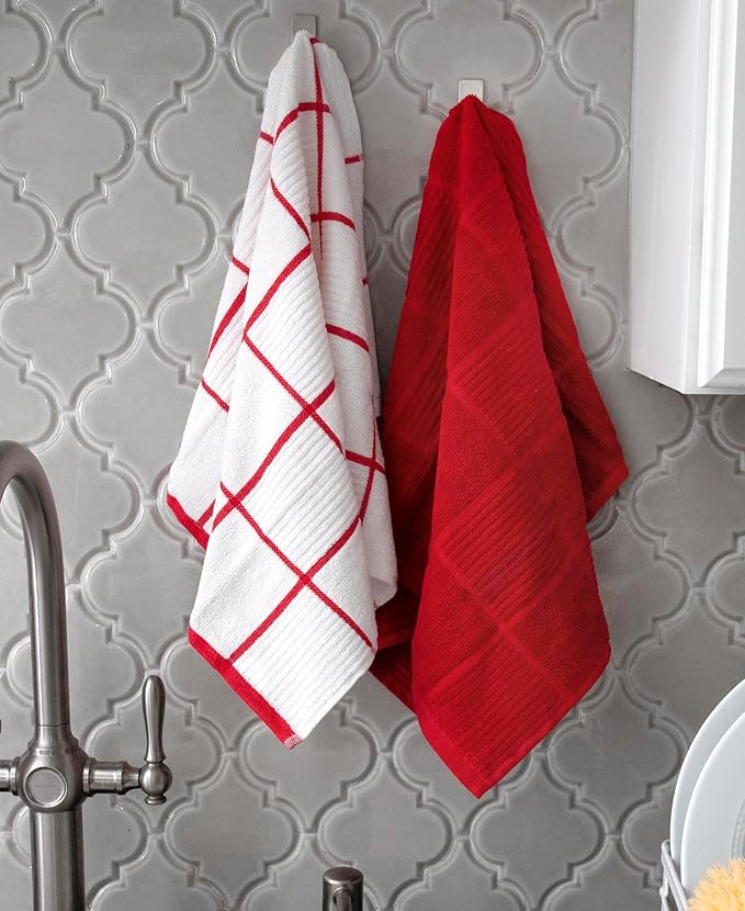 T-Fal Solid & Checked Parquet Kitchen Towels: Highly Absorbent, Super Soft Long Lasting - 100% Cotton, 16"x26" Dish Towels for Cleaning & Drying Dishes, Pans, Glassware, Countertops, 6-Pack, Red