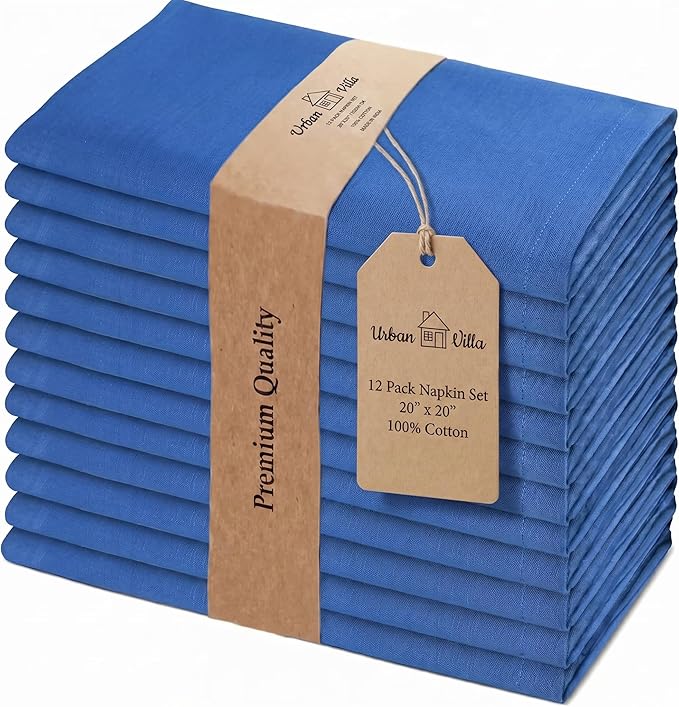 Urban Villa Cloth Napkins Set of 12 20x20 Inches 100% Cotton Napkins Cloth Washable Soft Durable Reusable Absorbent Table Dinner Napkins Cloth for Hotel Lunch Restaurant Weddings Parties-Royal Blue