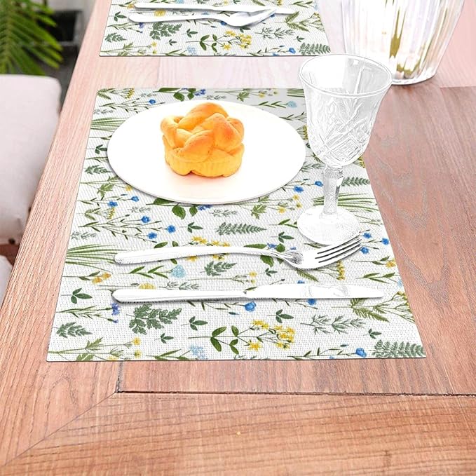 Wildflower Print Linen Placemats Set of 4, 12x18 InchWashable Table Mats for Dining Room Spring Gatherings