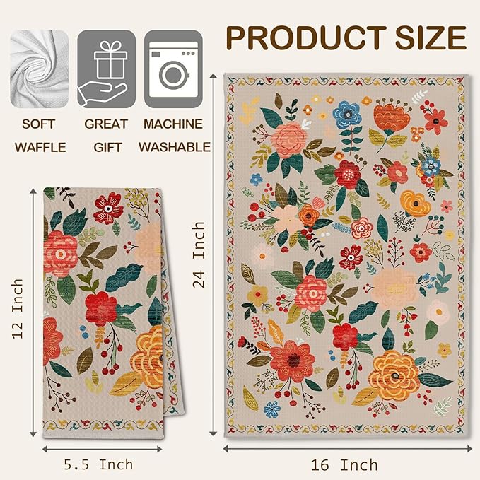 Vintage Boho Floral Kitchen Towels, Retro Colorful Flower Dish Tea Towels Drying Cloth for Kitchen, Boho Wildflower Green and Beige Decorative Hand Towels for Bathroom, 16x24 Inch Set of 2