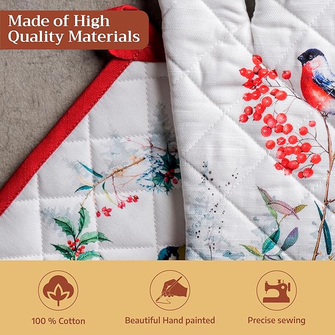 Maison d' Hermine 100% Cotton Oven Mitt & Pot Holder Set (7.5"x13" & 8"x8") Heat Resistant BBQ Cooking Gloves with Loop for Thanksgiving Christmas Decorations Handling Hot Pans (Morzine)