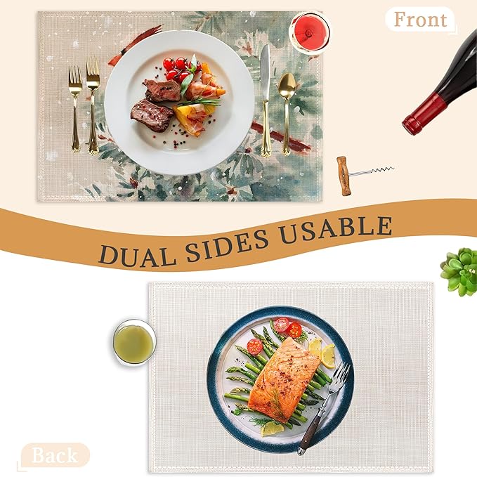 Christmas Cardinal Placemats Set of 6, Bird Place Mats Washable Heat Resistant 12×18 Inch Linen Table Mats for Christmas Dining Décor