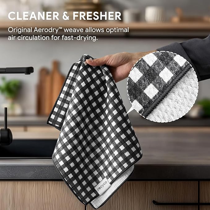RECYCO Waffle Kitchen Towel Set of 2 - Quick Dry Microfiber Sustainable Dish Towels - Ultra Absorbent Reusable Cleaning Tea Towels - Lightweight Hand Towels,16”x 28”, Iron Black Plaid