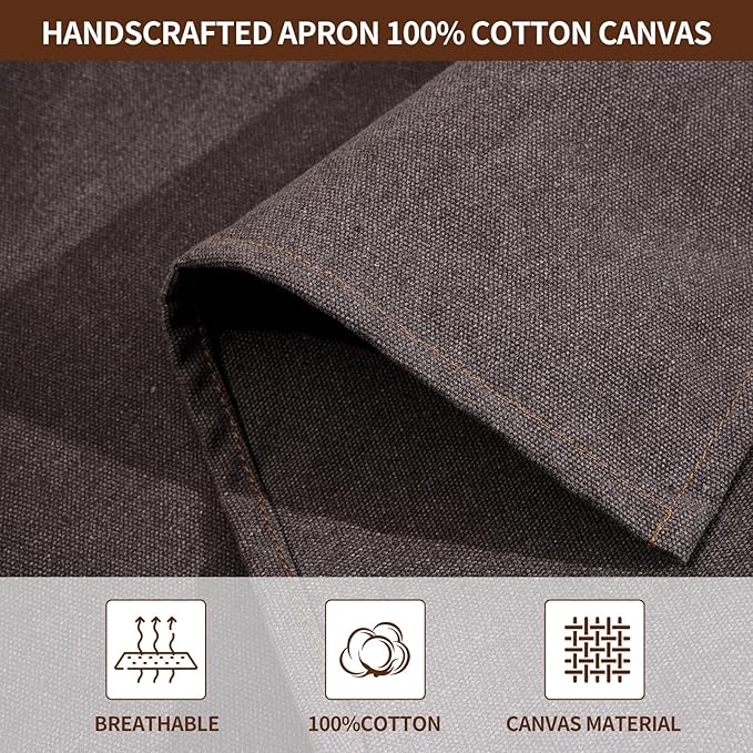 Chef Aprons for Men Women with 4 Large Pockets, Cotton Canvas Cross Back Adjustable Apron for Work grilling kitchen gardening