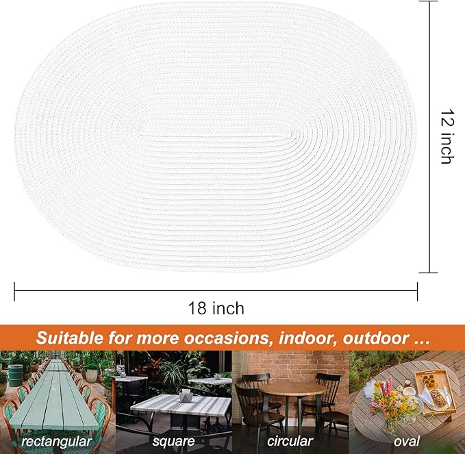 AHHFSMEI Placemats Set of 8 for Dining Table Washable Woven Non-Slip 18x12 inches Placemat Heat-Resistant Durable Table Mats for Dining Table Easy to Clean (White, 8)