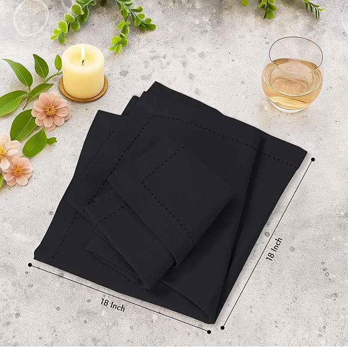 Ruvanti Cloth Napkins Set of 12, 100% Cotton High GSM 18x18 Inches, Hem Stitched Corners, Soft, Washable, Durable & Absorbent, Perfect for Parties, Christmas, Thanksgiving Dinners – Black Beauty