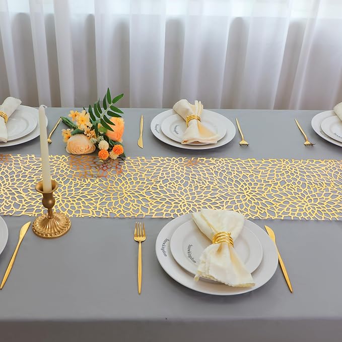 Snowkingdom 2 PCS Gold Spring Easter Table Runner 108 Inches Long, Gold Bloom Sequin Glitter Flower Floral Table Decor for Winter Holiday Dining Kitchen Party Valentine's Day New Year Home Decorations