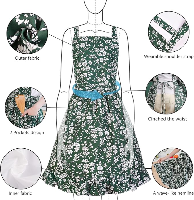 Pinknoke Vintage Pinafore Apron Dress for Women with Pockets Cute Floral Chef Aprons for Kitchen Cooking Baking Gardening