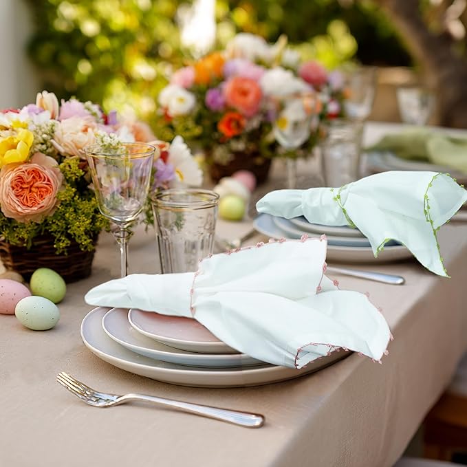 COTTON CRAFT Cloth Napkins - Set of 8 Soft 100% Cotton - White Napkins with Elegant Crochet Border Trim in Pink, Aqua, Yellow, Green – Easter Spring Summer Lunch Dinner Serviettes - Multicolor - 17x17