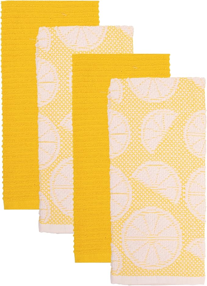 MosJos Kitchen Towels Set of 4 Premium Hand Towels 18 x 28 Inch Large Tea Towels for Drying & Decor - Soft, Absorbent Cotton Yellow Ribbed and Lemon Citrus Weave Cute Hand Towels - Housewarming Gift