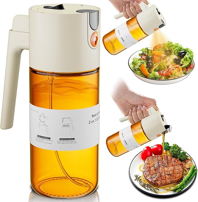 LUKUMIQI 2 in 1 Oil Sprayer for Cooking, 17oz Light-Blocking Glass Spray Bottle with Stickers, Oil Dispenser for Salad, Air Fryer & BBQ