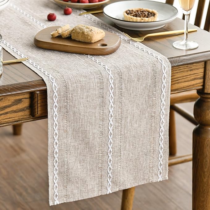 Artoid Mode Brown Rustic Cotton Linen Table Runner, Seasonal Embroidered Hollow Kitchen Dining Table Decoration for Home Party Decor 13x90 Inch