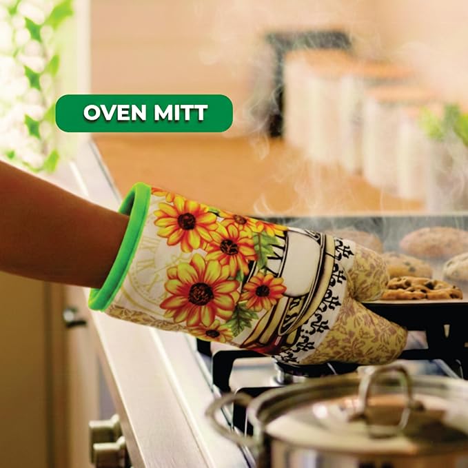 Lobyn Value Packs: Bright Sunflower5 Piece Kitchen Towel Set with 2 Decorative Dish Towels (25 X15), 1 Oven Mitt (11 X 7) and 2 Potholders (6.5 X 6.5)
