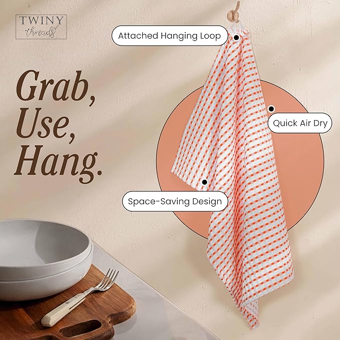 TWINY threads Waffle Dish Towels 4 Pack, 100% Cotton 16x26 Kitchen Hand Towel Pack, Highly Absorbent & Quick Dry Dishcloth Set for Drying Dishes, Cleaning Counters & Everyday Use, Orange, White