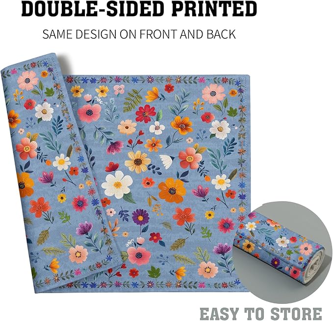 Blue Flowers Linen Placemats Set Spring Floral Table Mat for Women Kitchen Dining Decoration