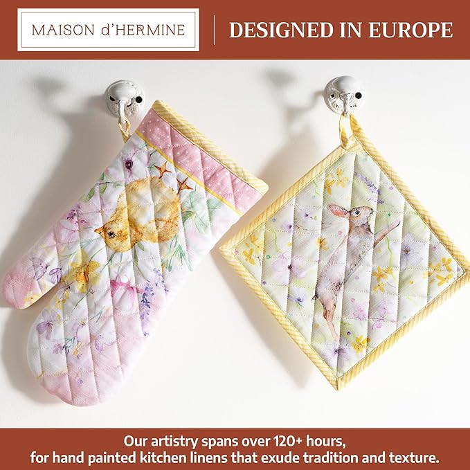 Maison d' Hermine 100% Cotton Oven Mitt & Pot Holder Set (7.5"x13" & 8"x8") Heat Resistant BBQ Cooking Gloves with Loop Baking Grilling Kitchen Gifts for Mothers Day Spring/Summer (Easter Zest)