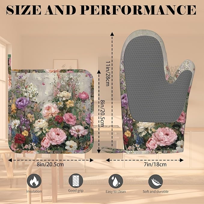 Vintage Wildflower Oven Mitts and Pot Holders Sets Silicone Kitchen Mitts Potholders Heat Resistant Oven Gloves Hot Pads for Kitchen Baking Cooking