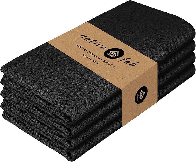 Native Fab Black Cloth Napkins, Set of 4, 17x17 inches, 100% Cotton, Washable, Reusable Fabric Linen, Table Decor Napkins for Dinner, Events, Parties, Wedding - Black