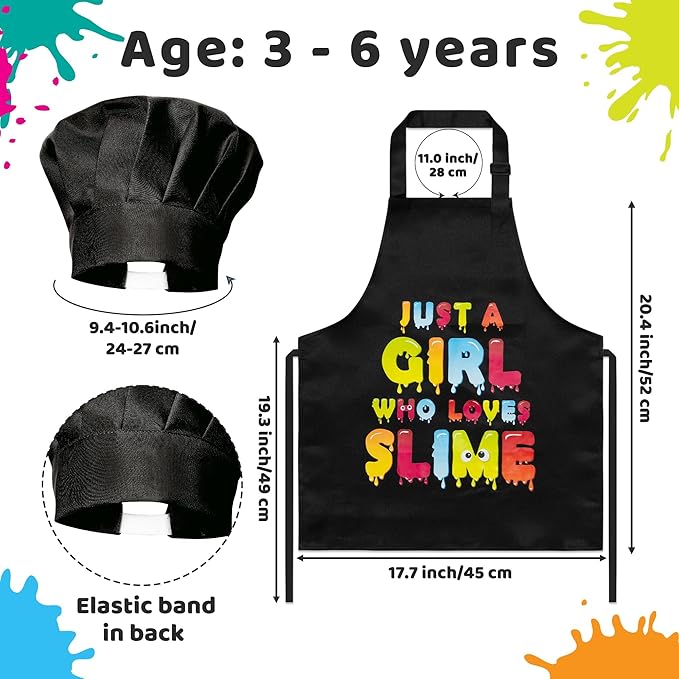 GROBRO7 4Pcs Kids Apron and Chef Hat Set Gift for Girls, Just A Girl Who Loves Slime Print Adjustable Kitchen Cooking Child Aprons Waterproof Smocks for Baking Painting Crafting
