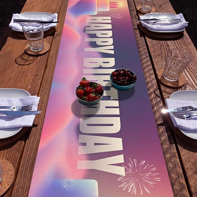 Happy Birthday Table Runner 13x72 Inch Birthday Cake Fireworks Clouds Farmhouse Polyester Linen Table Decoration for Kitchen Dinning, Indoor Outdoor Home Dinner Party (Pink)